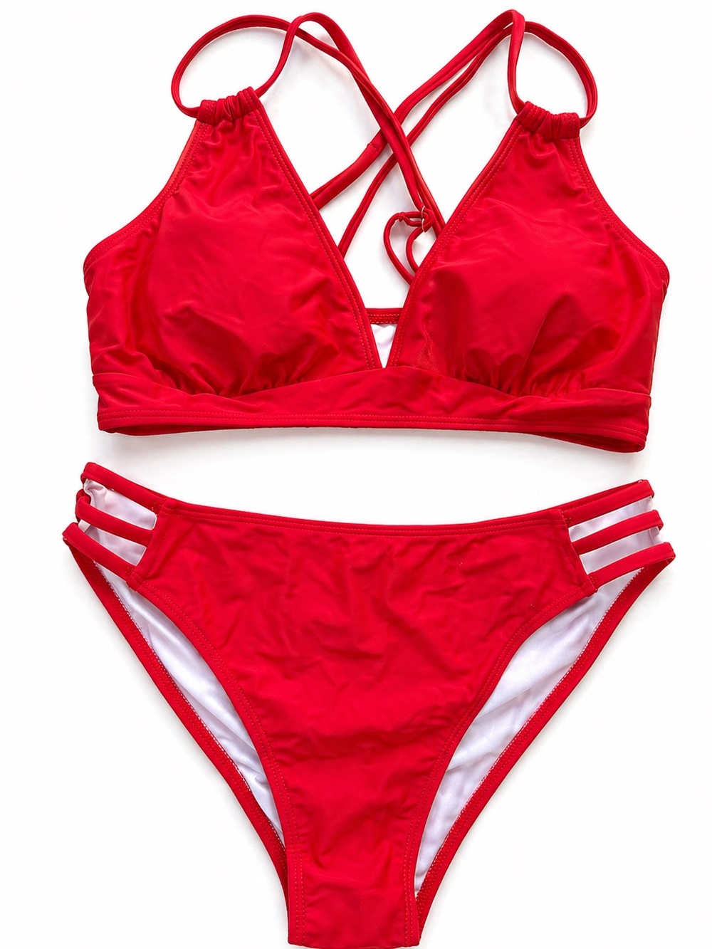 Red Strappy Bikini Set Medium NWOT Triangle Top Crisscross Back Two Piece Swim